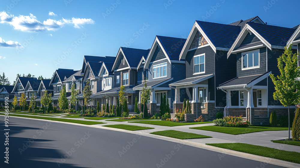 Explore a row of modern residential houses in a suburban neighborhood, showcasing contemporary architecture and community living in a peaceful environment. Explore a row of modern residential houses in a suburban neighborhood, showcasing contemporary architecture and community living in a peaceful environment.