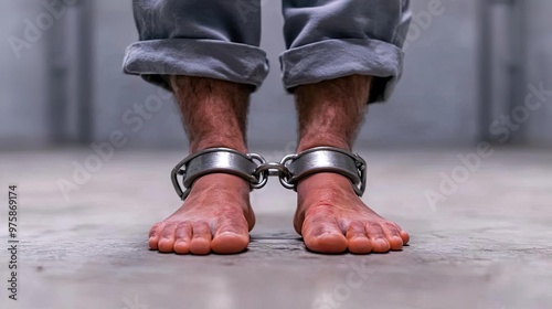 A closeup of a prisoner s feet shackled together, standing on the cold concrete floor of a jail cell, emphasizing restraint and control