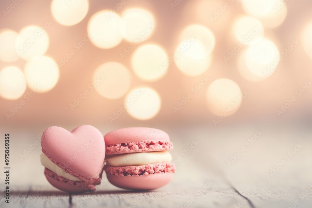 Obraz premium Two pastel macarons with a heart-shaped design and a bokeh background. Copy space 