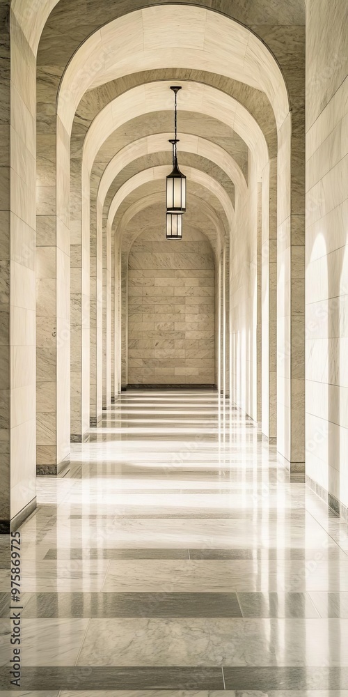 Obraz premium Elegant interior corridor with arched architecture and soft lighting, creating a serene and timeless atmosphere.