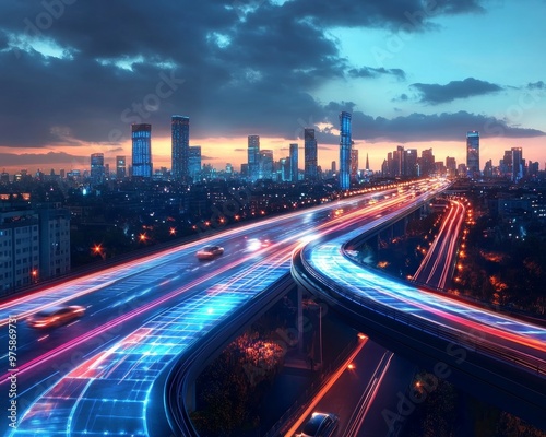 Cityscape with Highway and Light Trails at Sunset.