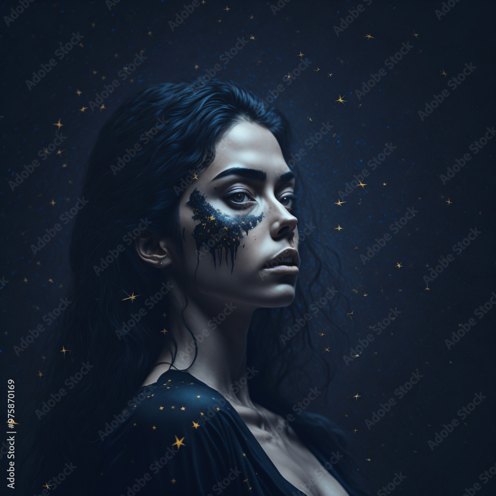 Star girl surrealism, female figure in starry night sky portrait illustration Star girl surrealism, female figure in starry night sky portrait illustration