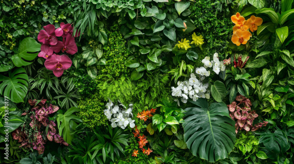 A vibrant vertical garden filled with diverse plants and colorful flowers creates lush, green backdrop. A vibrant vertical garden filled with diverse plants and colorful flowers creates lush, green backdrop.