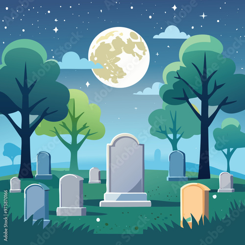Tombstones in a graveyard at midnight