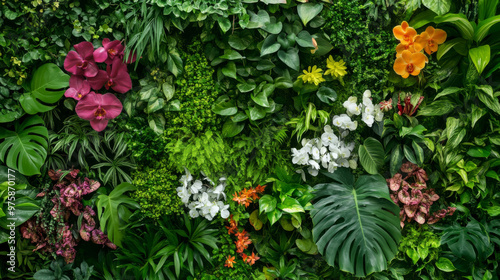 A vibrant vertical garden filled with diverse plants and colorful flowers creates lush, green backdrop.