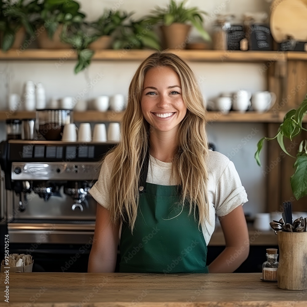 笑顔のバリスタとコーヒーショップの女性店員 |Smiling Barista in a Cozy Coffee Shop 笑顔のバリスタとコーヒーショップの女性店員 |Smiling Barista in a Cozy Coffee Shop