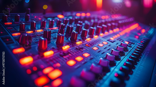 Purple and Red Neon Lights on Audio Mixing Board - Photo