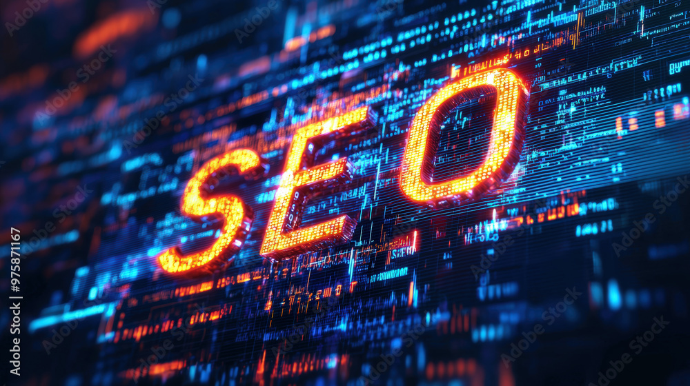 Glowing digital code with letters SEO prominently displayed, representing importance of search engine optimization in digital landscape. vibrant colors and intricate patterns evoke sense of technology Glowing digital code with letters SEO prominently displayed, representing importance of search engine optimization in digital landscape. vibrant colors and intricate patterns evoke sense of technology