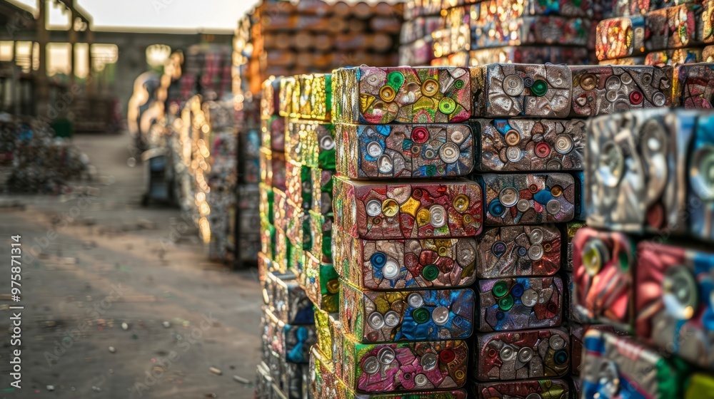 Fototapeta premium Crushed aluminum cans of various colors are neatly stacked in a recycling facility as sunlight casts a warm glow, highlighting the importance of sustainability