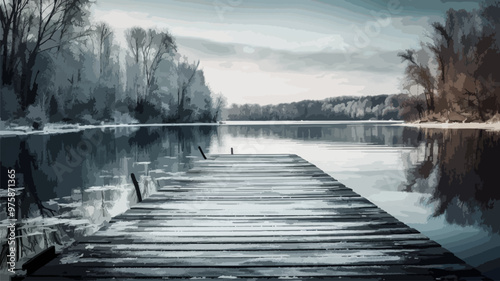 A wooden pier sits on a lake with a snowy background. The scene is peaceful and serene, with the water reflecting the trees and sky
