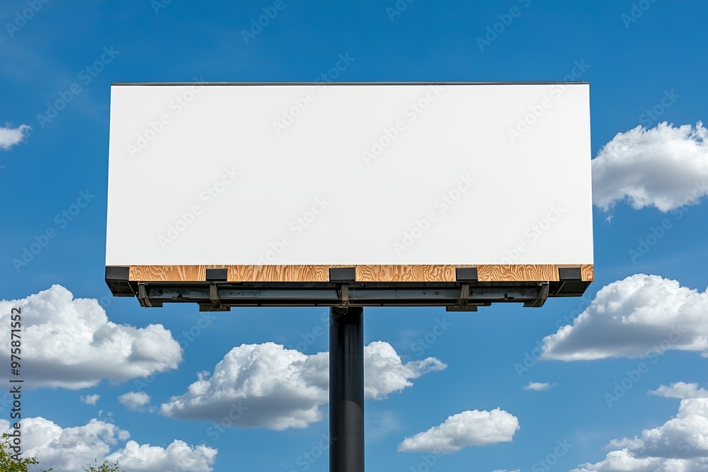 A blank billboard against a bright blue sky with fluffy clouds, perfect for advertising or promotional content. A blank billboard against a bright blue sky with fluffy clouds, perfect for advertising or promotional content.