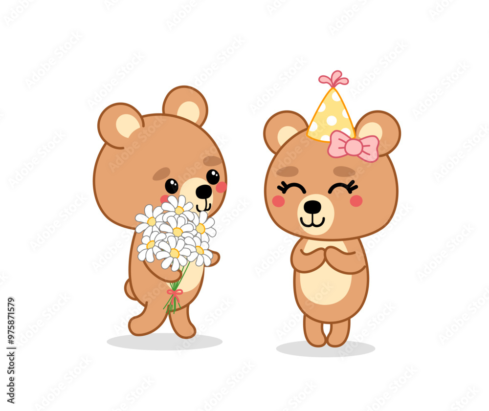 Bear boy is giving a bouquet of flowers to girl bear. Birthday. Chamomiles. Cartoon, kawaii, vector. Bear boy is giving a bouquet of flowers to girl bear. Birthday. Chamomiles. Cartoon, kawaii, vector.