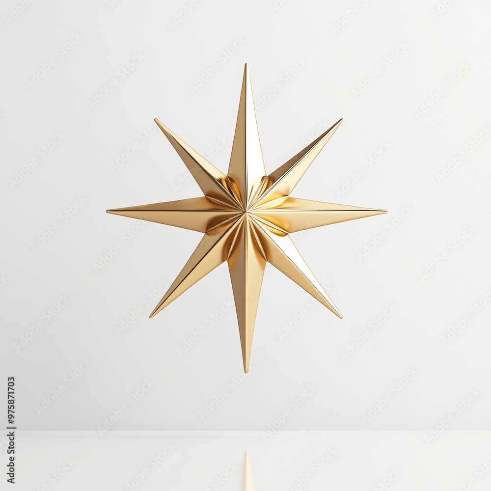 A minimalist 3D gold star with a sharp design, floating above a clean white surface with subtle reflections