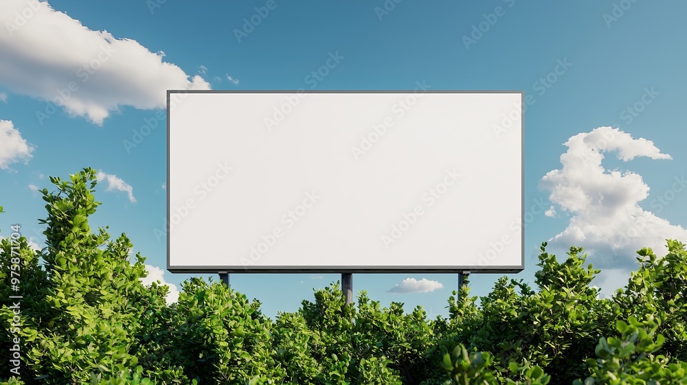 A blank billboard surrounded by vibrant greenery under a clear blue sky, perfect for advertisements or messages. A blank billboard surrounded by vibrant greenery under a clear blue sky, perfect for advertisements or messages.