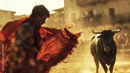 A skilled matador performs with a flowing red cape while a powerful bull charges during a spirited festival, capturing the essence of cultural heritage