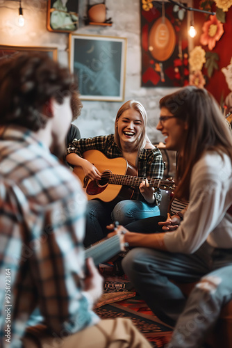 Harmonious Joy: Group of Friends Playing Musical Instruments and Singing Together in a Music Circle