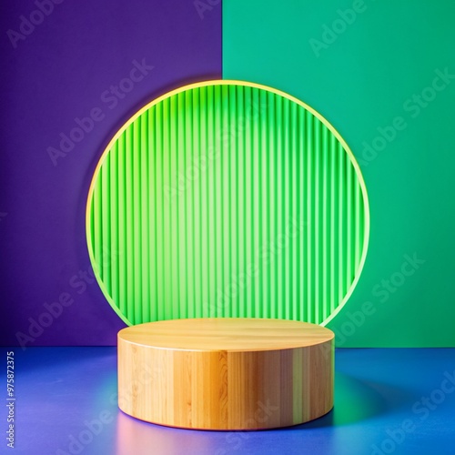 A modern and eye-catching product display with a wooden podium, a green striped wall, and a neon circle. The image is perfect for showcasing products in a minimalist and stylish way.

 photo