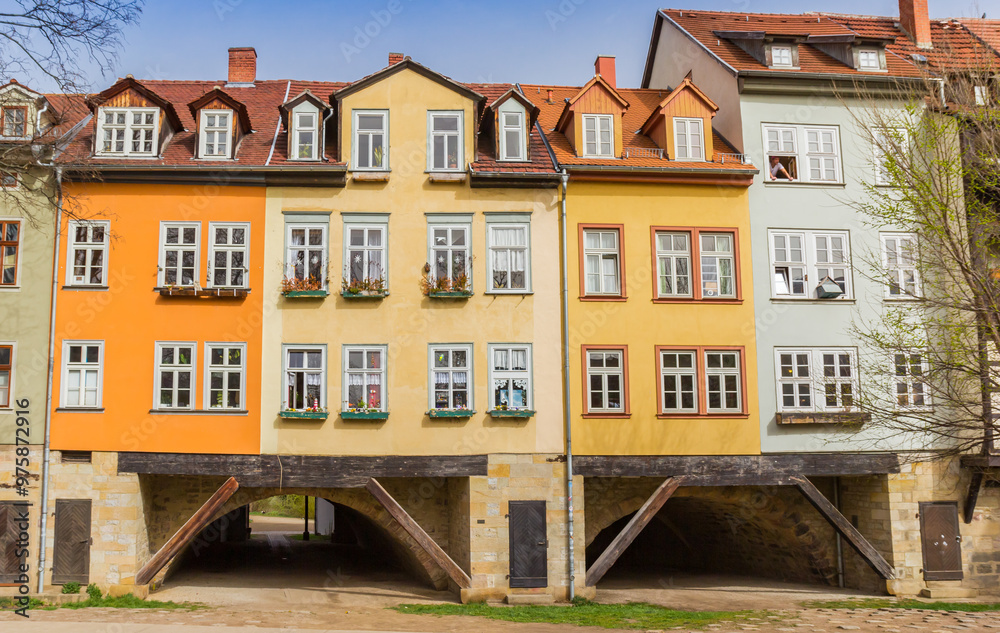 Colorful houses on the historic Merchants Bridge in Erfurt, Germany