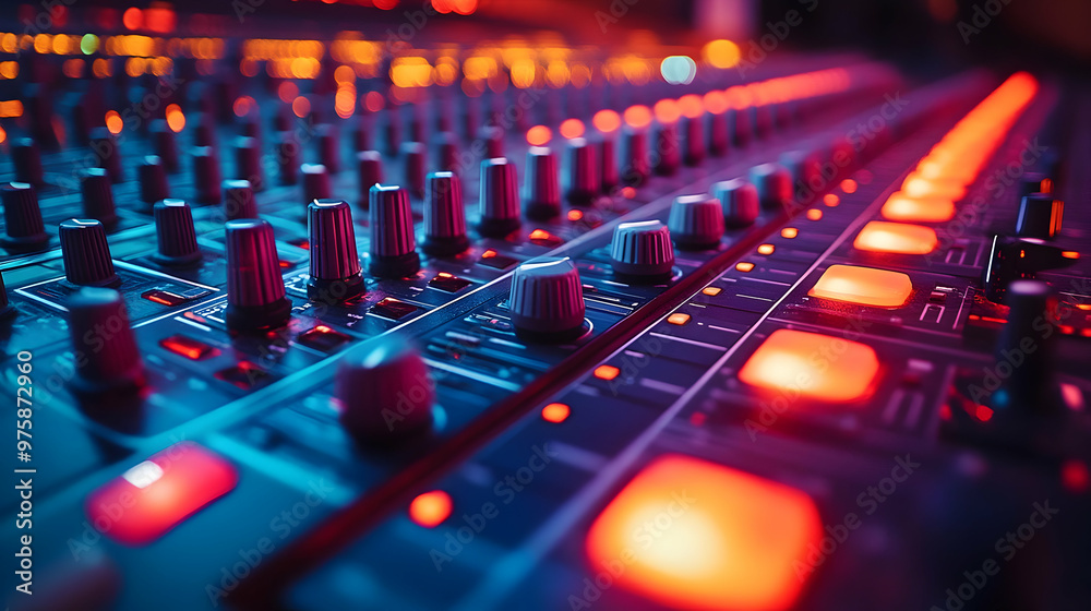 Close Up of Audio Mixer Control Knobs and Buttons - Realistic Image Close Up of Audio Mixer Control Knobs and Buttons - Realistic Image