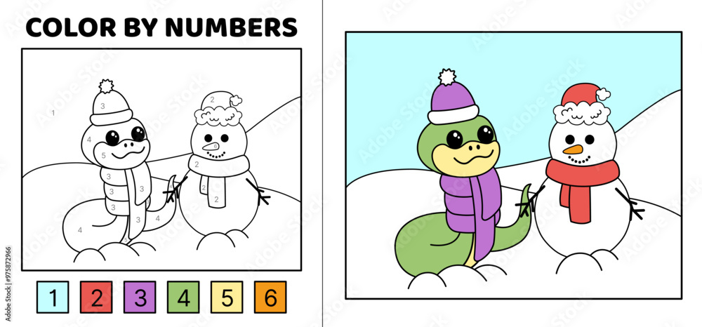 Naklejka premium Color by number. Snake creates cute snowman. Coloring page. Game for kids. Cartoon, vector.