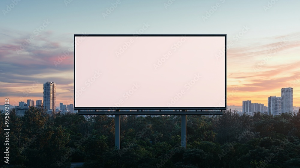 An empty billboard stands against a scenic sunset backdrop, perfect for advertising space or urban landscape imagery. An empty billboard stands against a scenic sunset backdrop, perfect for advertising space or urban landscape imagery.