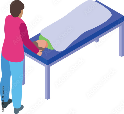 Doctor is examining a patient lying on a medical bed covered with a blanket in hospital ward