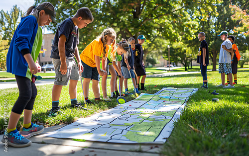 Young Explorers Navigating with Compasses: Kids Engaged in Orienteering Adventure on Campus Map Course