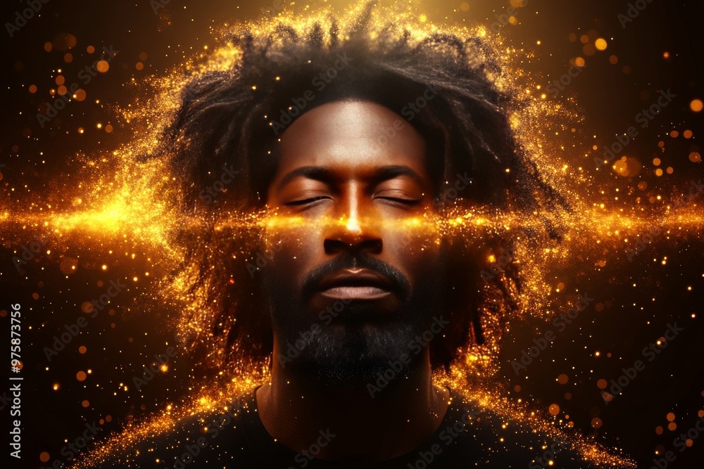 Meditative man with glowing light patterns around his head symbolizing balance energy flow and the connection between inner peace and the cosmos Meditative man with glowing light patterns around his head symbolizing balance energy flow and the connection between inner peace and the cosmos