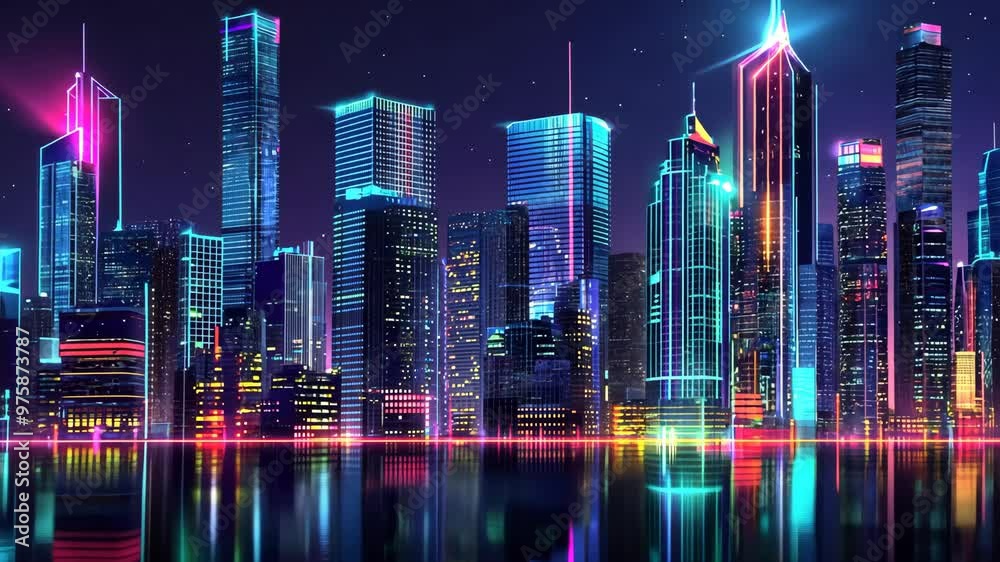 Dynamic nighttime skyline of a vibrant city illuminated with colorful lights reflecting on the water Dynamic nighttime skyline of a vibrant city illuminated with colorful lights reflecting on the water