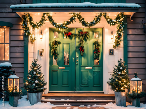 Porch with green door in Christmas decorations and Christmas trees. Spruce garlands around the door. Beautiful winter terrace of the house with garlands of retro light bulbs