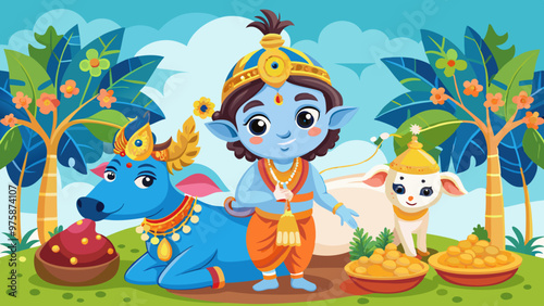 This cute little Krishna is with the revered cow, a devotional event celebrated by Indian religions such as Hinduism, Govardhan Puja, and Vasubaras.