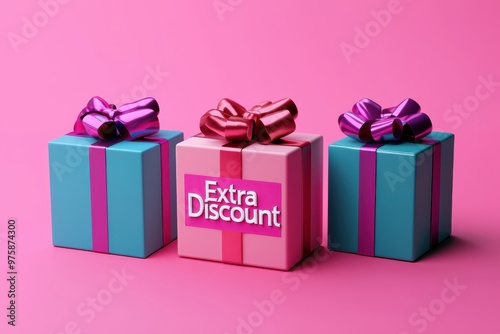 Colorful gift boxes with ribbons and 'Extra Discount' text on pink background