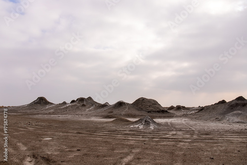 Beautiful mud volcanoes near the village of Alyat. Azerbaijan.