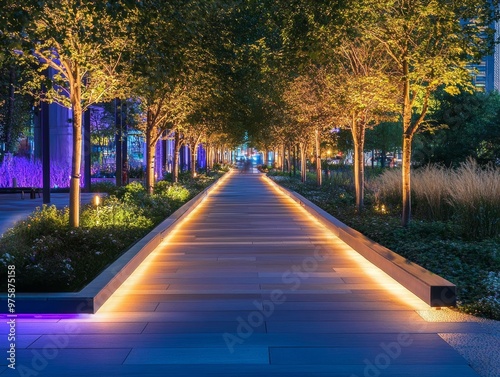 Illuminated Pathway in Urban Park.