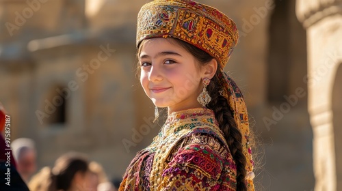 Youth in Armenian Attire: Candid Moment at Cultural Event with Ancient Monastery as Backdrop photo