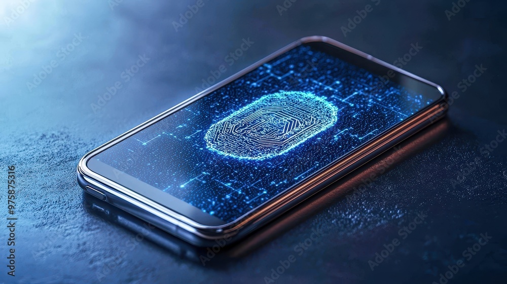 Smartphone displaying digital fingerprint authentication technology on ...