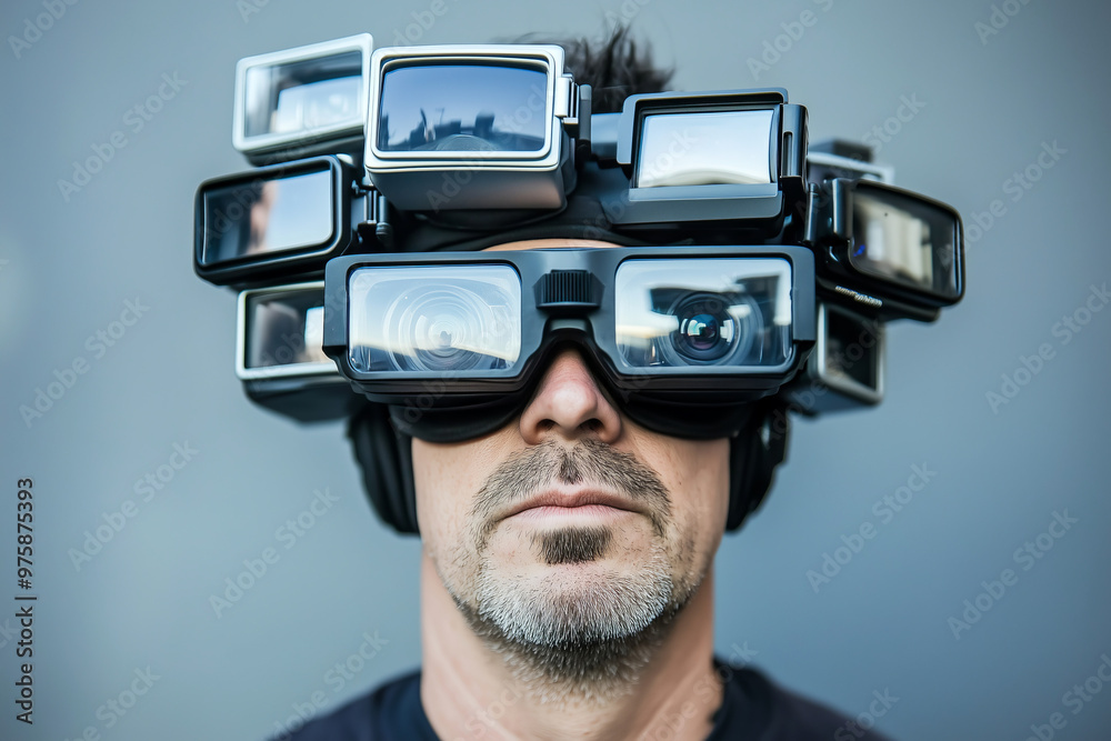 Middle-aged man wearing multiple virtual reality headsets, showcasing futuristic technology in a modern setting Middle-aged man wearing multiple virtual reality headsets, showcasing futuristic technology in a modern setting