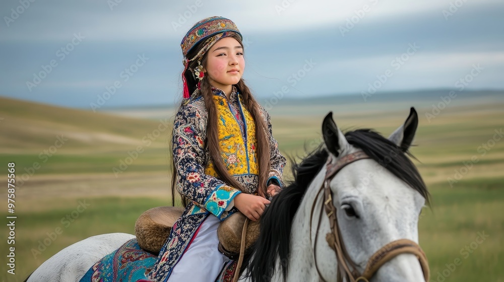 Obraz premium Kazakh Teenager in Traditional Dress Riding Horse on Steppe - Candid Shot with Stunning Backdrop