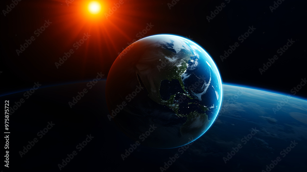 Fototapeta premium A high-definition view of Earth from space, showing atmospheric layers and glowing with solar radiation