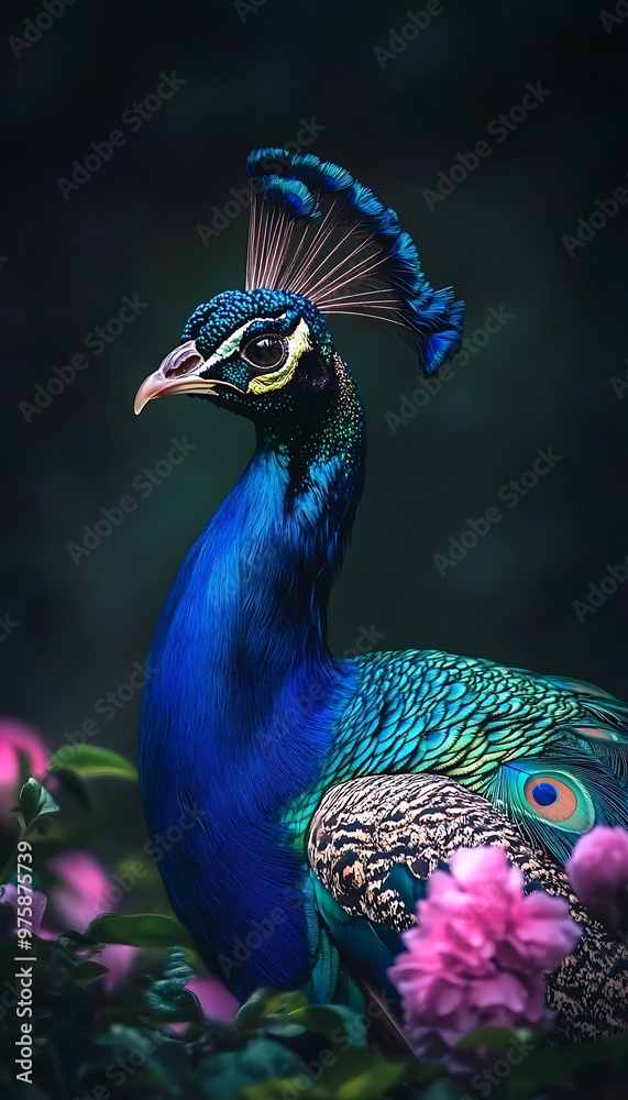 A vibrant peacock amidst blooming flowers in a serene setting. A vibrant peacock amidst blooming flowers in a serene setting.