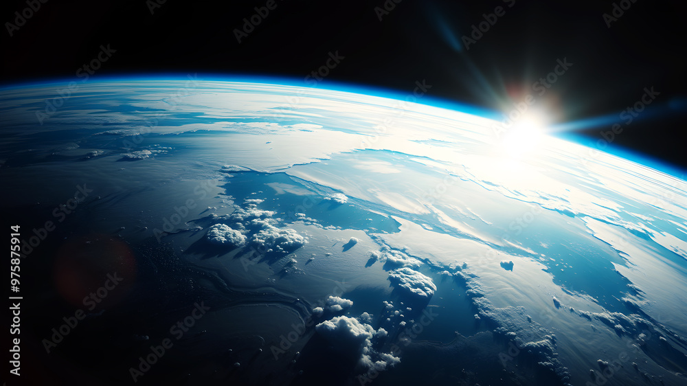 Fototapeta premium A high-definition view of Earth from space, showing atmospheric layers and glowing with solar radiation