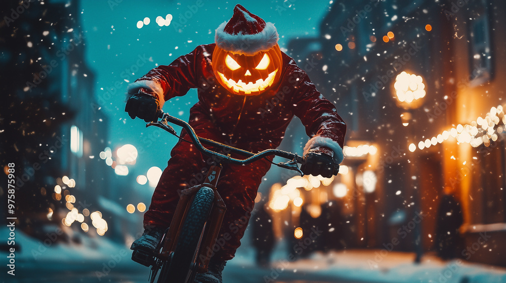 Naklejka premium flaming jack o lantern in a Santa Claus suit riding a bmx style bike delivering presents, Halloween, trick or treat, spooky, festive