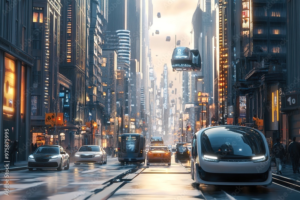 Fototapeta premium Futuristic city with flying and land vehicles, sunlight