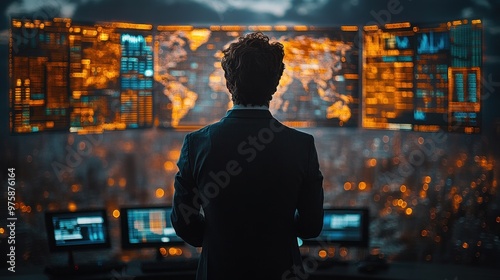 Businessman Analyzing Data on Monitors