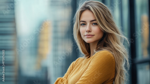 Confident Woman,  Portrait of a confident woman posing in an urban setting, showcasing her strength against a modern city backdrop photo