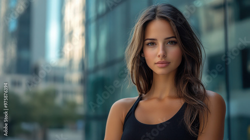 Confident Woman, Portrait of a confident woman posing in an urban setting, showcasing her strength against a modern city backdrop