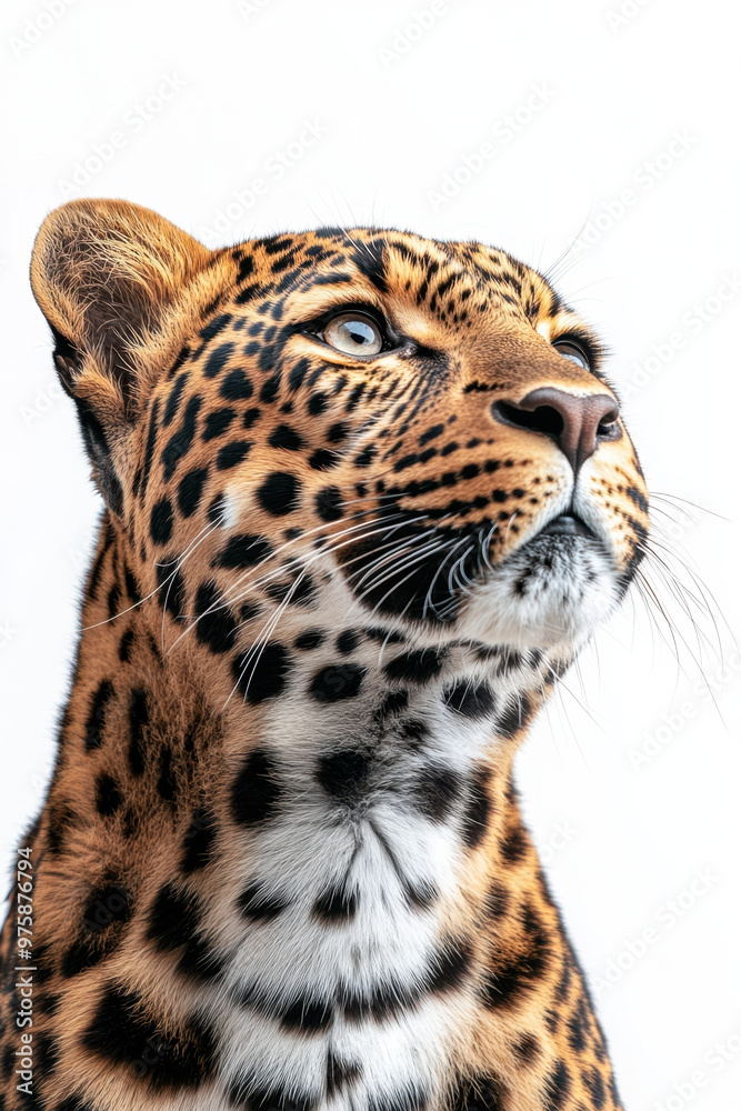 Obraz premium Leopard Portrait, Proud leopard gazing away from the camera, showcasing its beauty against a clean white background, ideal for wildlife photography