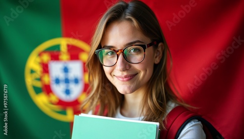 Young woman wearing glasses holding books with the flag of Portugal, learn, studying