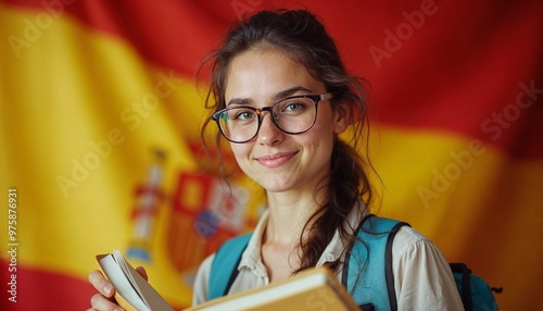 Young woman wearing glasses holding books with the flag of Spain, learn, studying