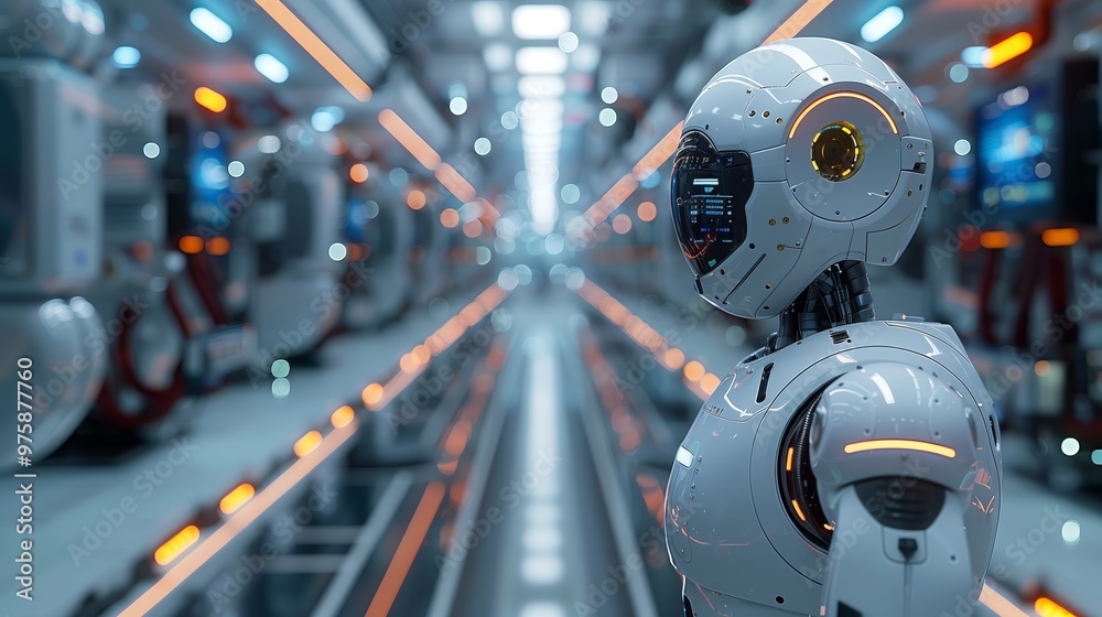 Fototapeta premium A robot working in a high-tech manufacturing factory, analyzing data on a digital screen, representing automation in industrial production.